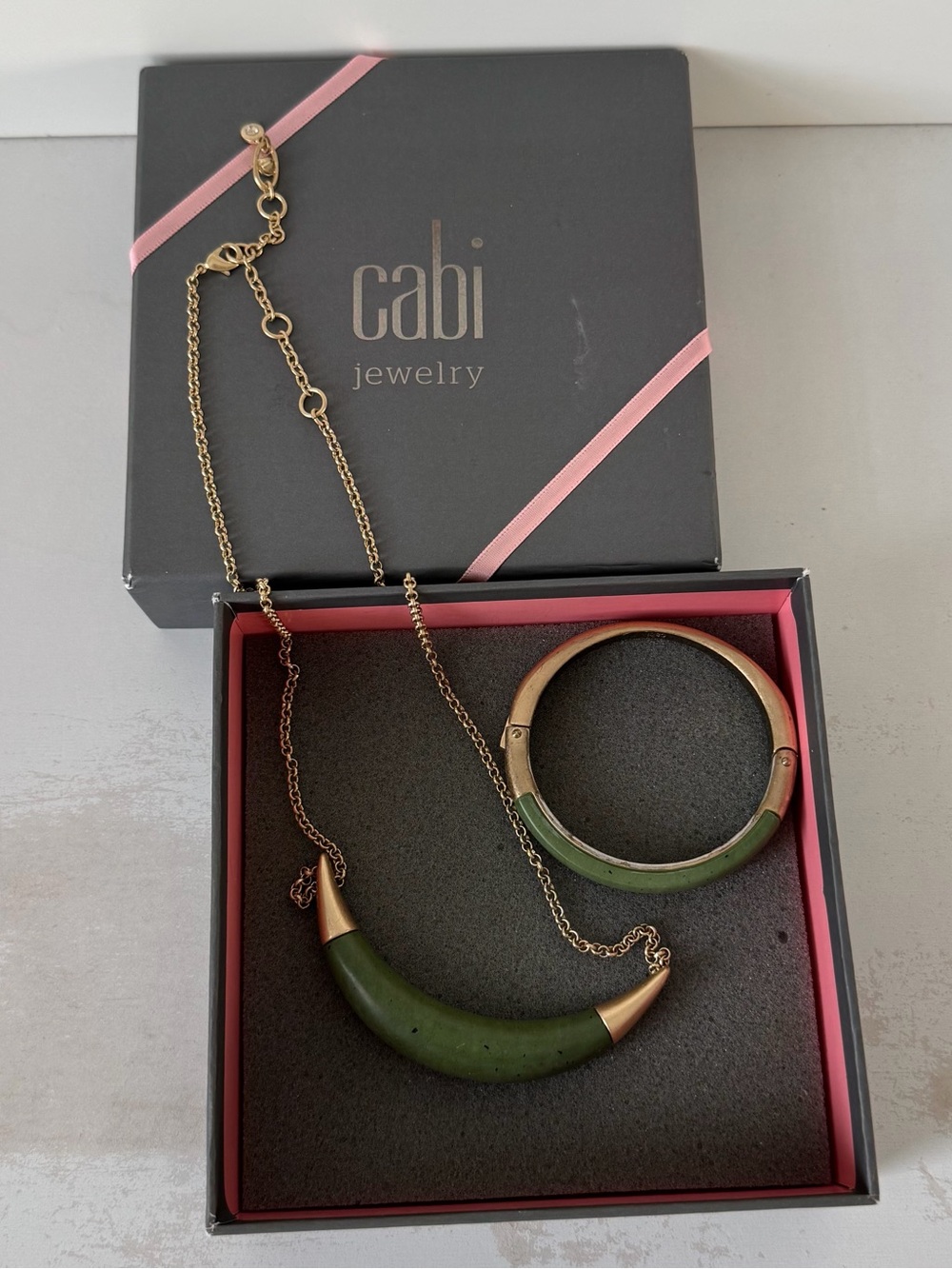 Cabi Green Jasper Crescent Necklace & Bangle Set